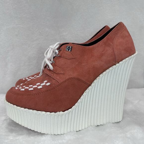 T.U.K Peachy Suede Wedge Creeper Shoes Size 9 Lace Up - Picture 4 of 12